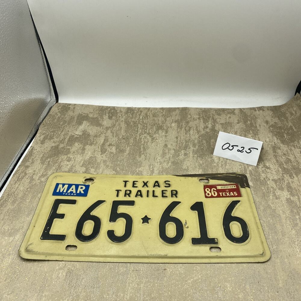 Vintage Texas Trailer License Plate 1986 Plate# E65*616 Black & White Wall Art